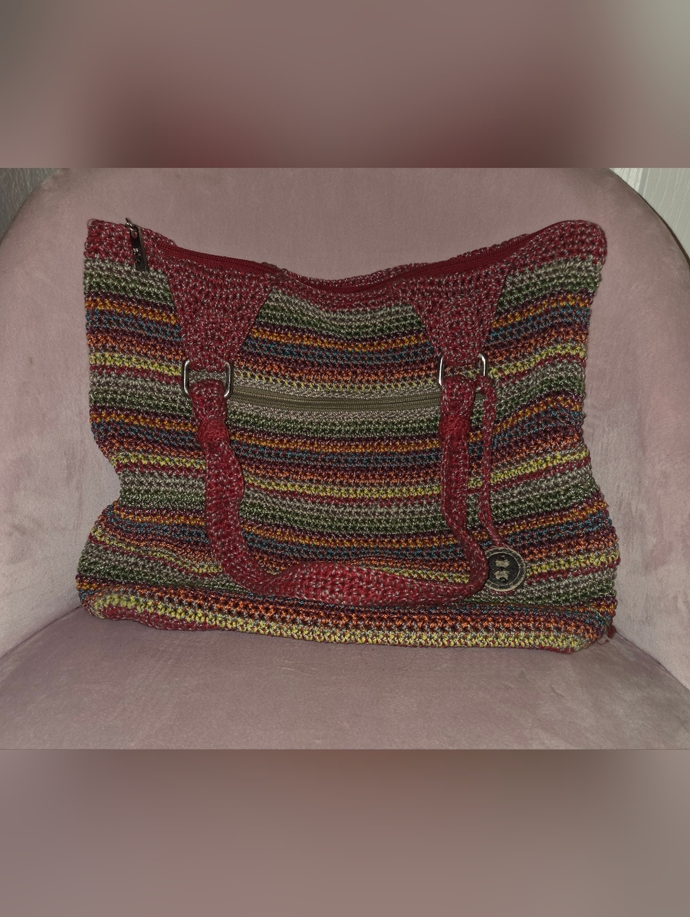 The Sak Multicolor Striped Crochet Tote with Red Trim